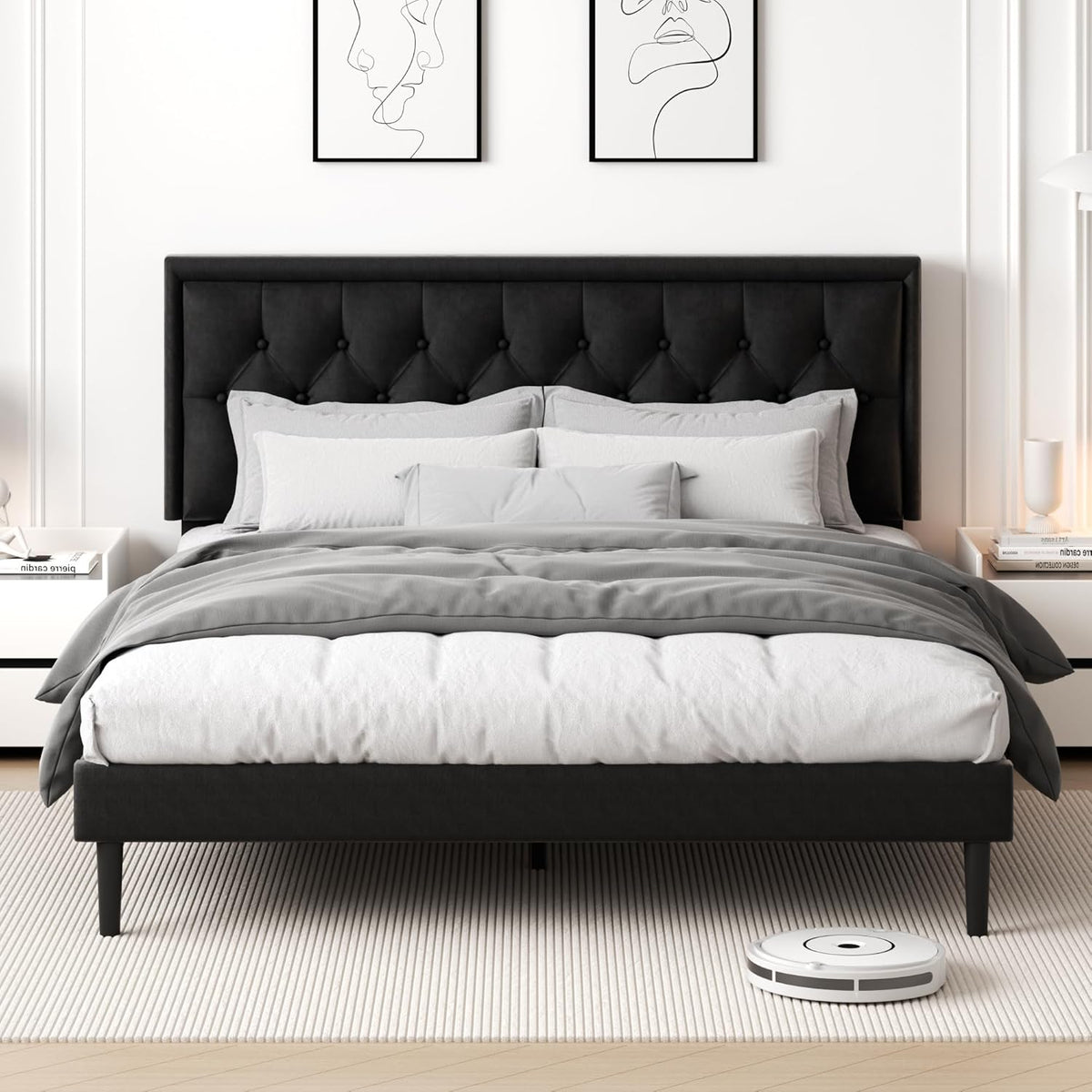 King Size Platform Bed Frame with Upholstered Velvet Button Tufted Headboard, Mattress Foundation with Wooden Slat Support, No Box Spring Needed, Easy Assembly, Noise Free, Black.