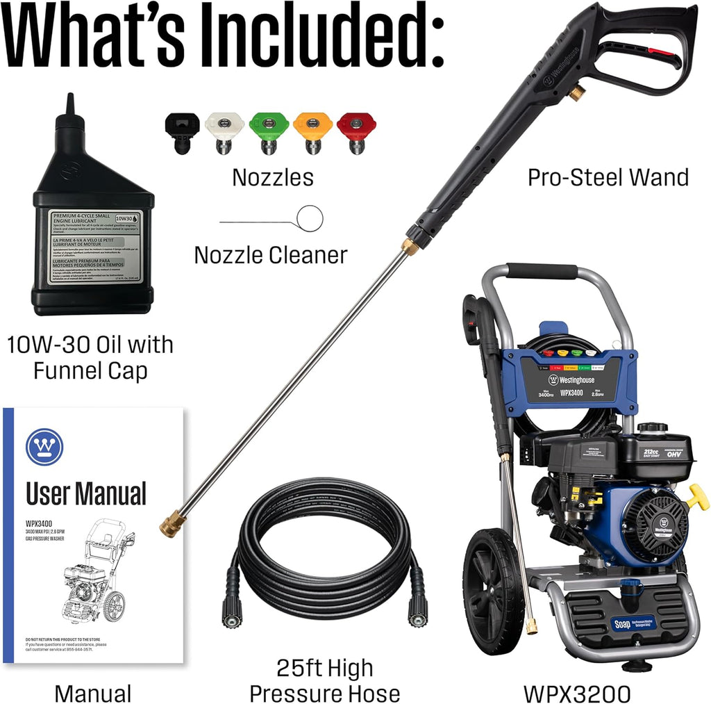 Westinghouse WPX3400 Gas Pressure Washer  3400 PSI and 2.6 Max GPM  Onboard Soap Tank  Spray Gun and Wand  5 Nozzle Set  for Cars/Fences/Driveways/Homes/Patios/Furniture