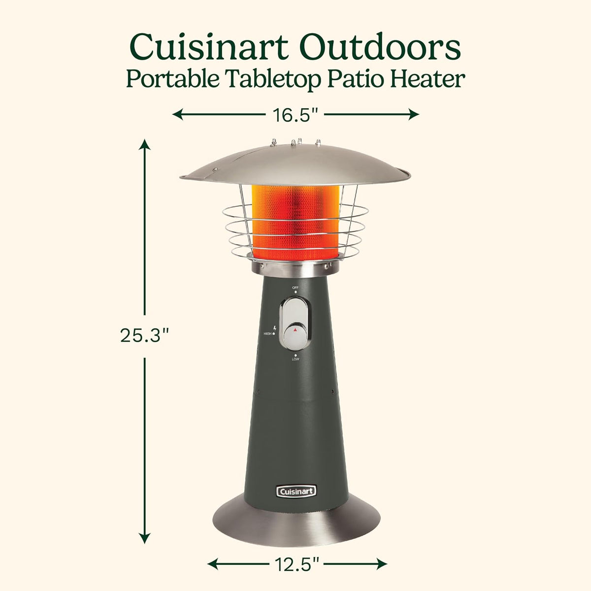 Cuisinart Portable Tabletop Patio Heater  11 000 BTU Outdoor Propane Heater with Safety Tilt Switch and Adjustable Heat  Burner Screen Guard  30 sq. Foot Heat Range  Gray