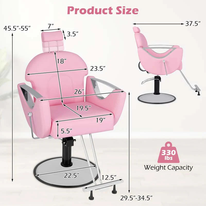 Reclining Barber Chair, 360�� Swivel Salon Chair with Heavy Duty Hydraulic Pump, Adjustable Height & Headrest for Hair Styling, Makeup, Tattoo