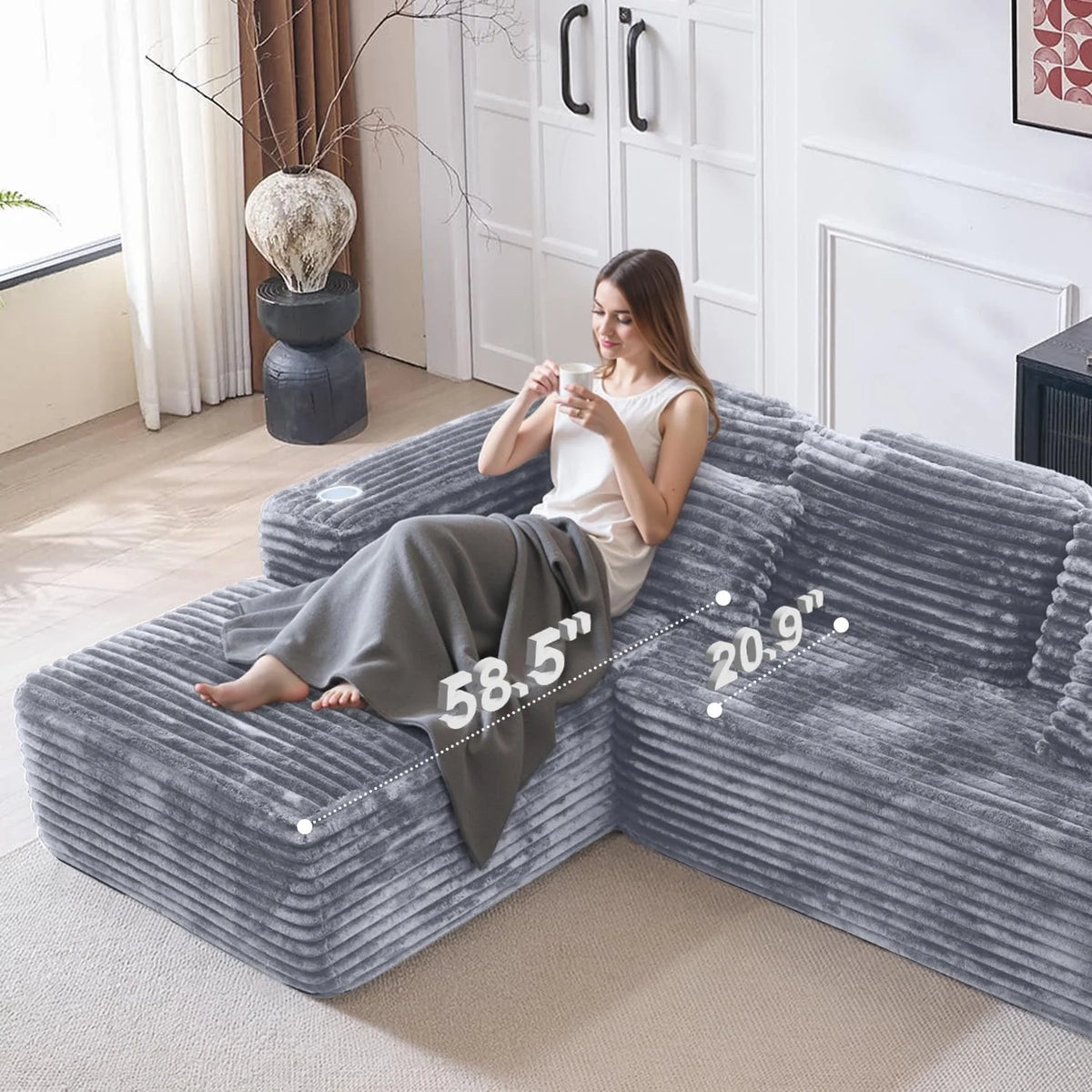 Cloud Sectional Couch with L-Shape Chaise Modern Modular Sofa Deep Seat Built-in Cup Holder