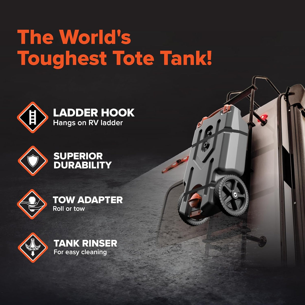36-Gallon Portable Camper / RV Tote Tank - Features Large Heavy-Duty No-Flat Wheels & Built-In Gate Valve - Removable Steel Tow Adapter, 3 ?RV Sewer Hose & More RV Accessories (39006)