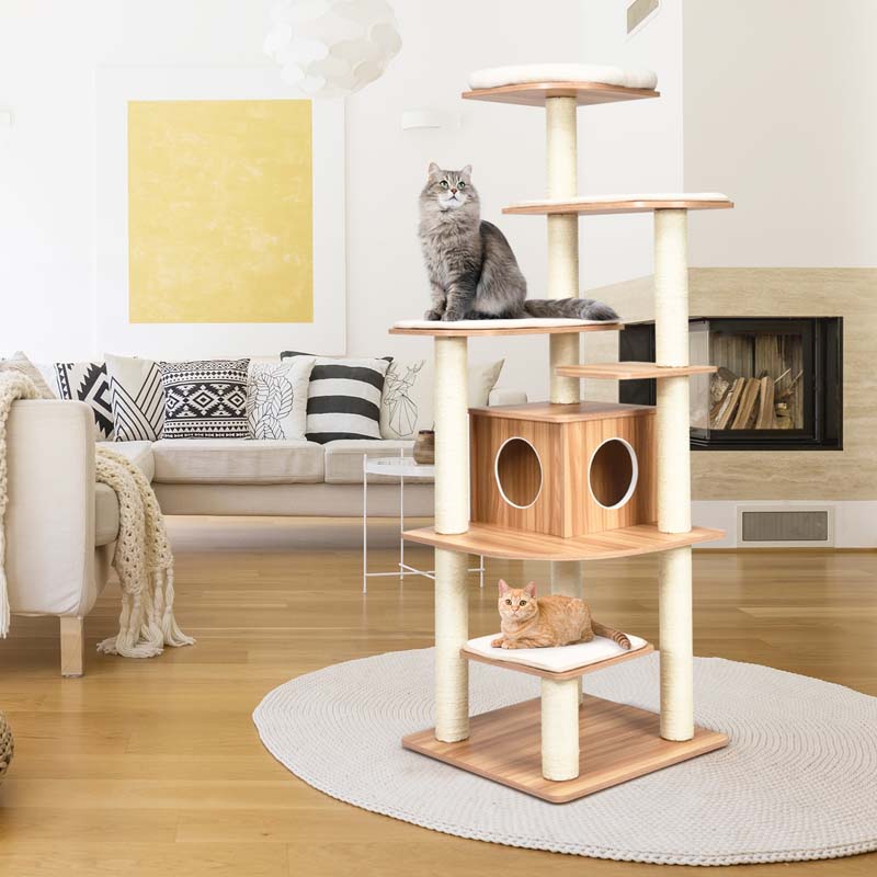 69" Tall Cat Activity Tree Wood Multi-Layer Large Cat Tower Condo with Scratch Resistant Rope & Plush Cushions