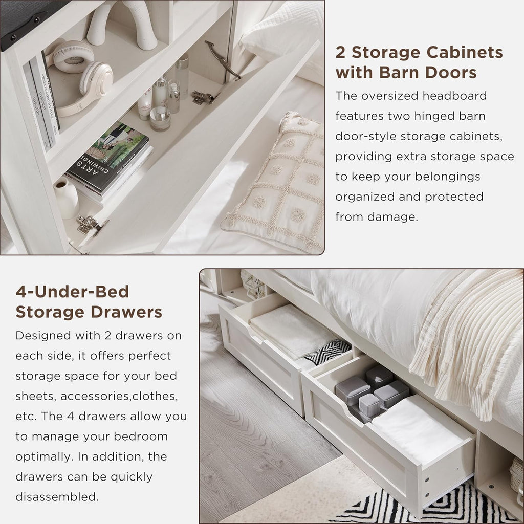 ACCOHOHO Farmhouse Full Size Bed Frame with 52" Tall Storage Headboard and LED Light, Wood Platform Bed with 4 Drawers, Charging Station, Solid Wood Slats Support, No Box Spring Needed, Antique White