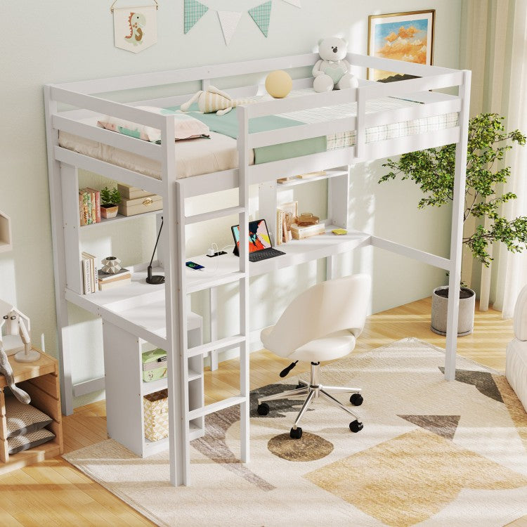 Twin Loft Bed with LED Light and Desk No Box Spring Needed
