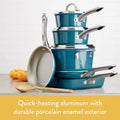 Ayesha Curry 10-Piece Porcelain Enamel Nonstick Pots and Pans Set/Cookware Set, Blue