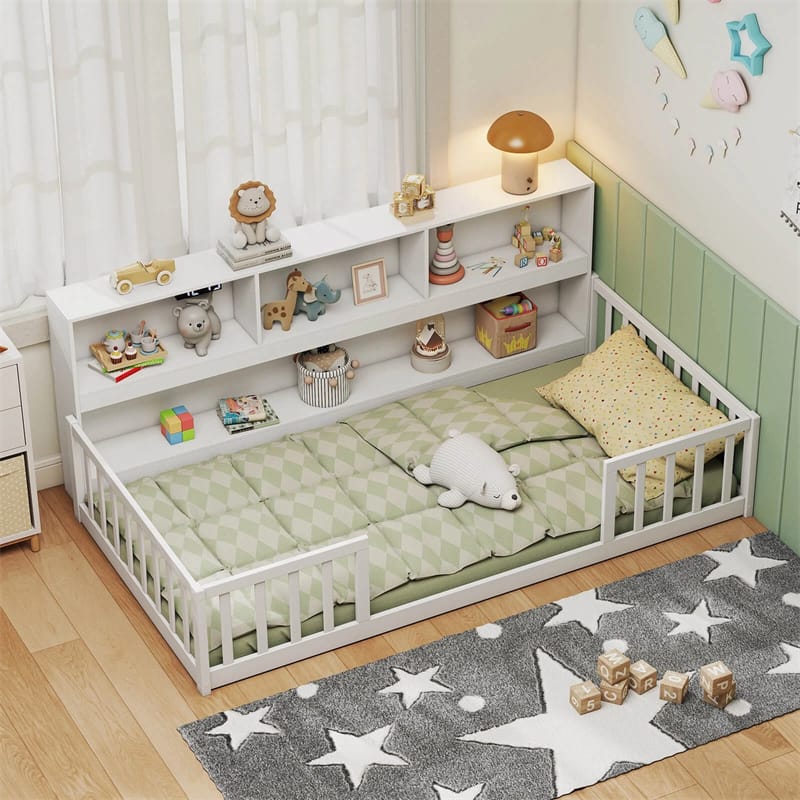 Twin Montessori Floor Bed, Wood Floor Bed Frame with Bookcase, Storage Shelves & Safety Fence Rails for Kids, No Box Spring Needed