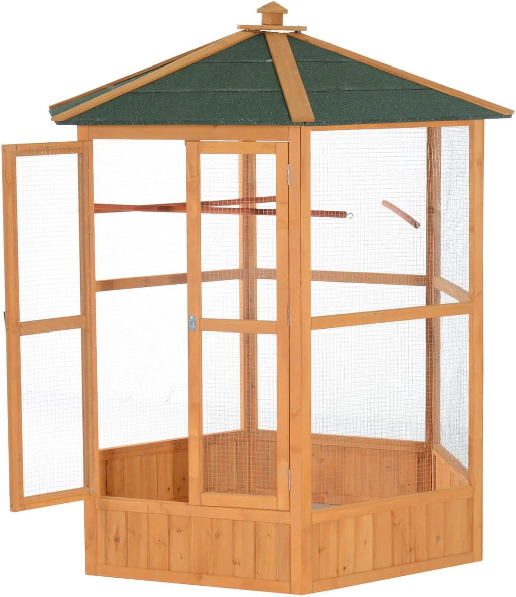Large Wooden Hexagonal Outdoor Aviary Flight Bird Cage with Covered Roof