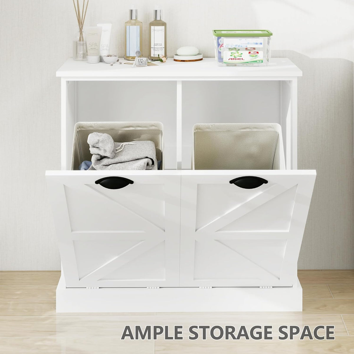 Tilt Out Laundry Hamper Cabinet with Basket, Removable Laundry Basket, Farmhouse Freestanding Hidden Trash Can Cabinet with Laundry Storage Basket for Bathroom, Kitchen