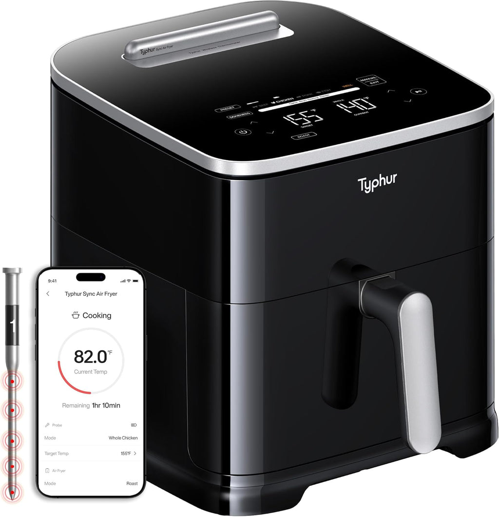 Typhur Sync 8QT AI Smart Air Fryer with Built-in Wireless Meat Thermometer, 9-in-1 XL Non Toxic Ceramic Airfryer, 450°F Max, Cooks 6lb Whole Chicken, Quiet & Dishwasher Safe, 120V