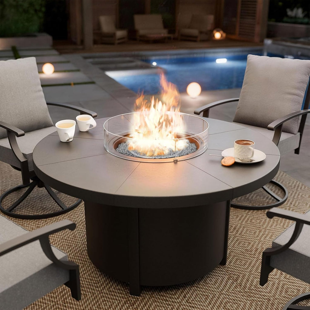 48" Round Propane Fire Pit,Steel Tabletop Fire Pit w Lava Rocks,55000 BTU Auto-Ignition CSA Certified Gas Fire Pits with Lid & Windproof Glass for Outdoor,Patio,Backyard
