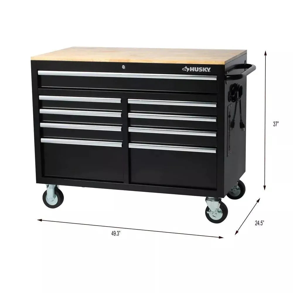 Gloss Black 46��� 9-Drawer Mobile Tool Chest Workbench with Wood Top & Power Strip