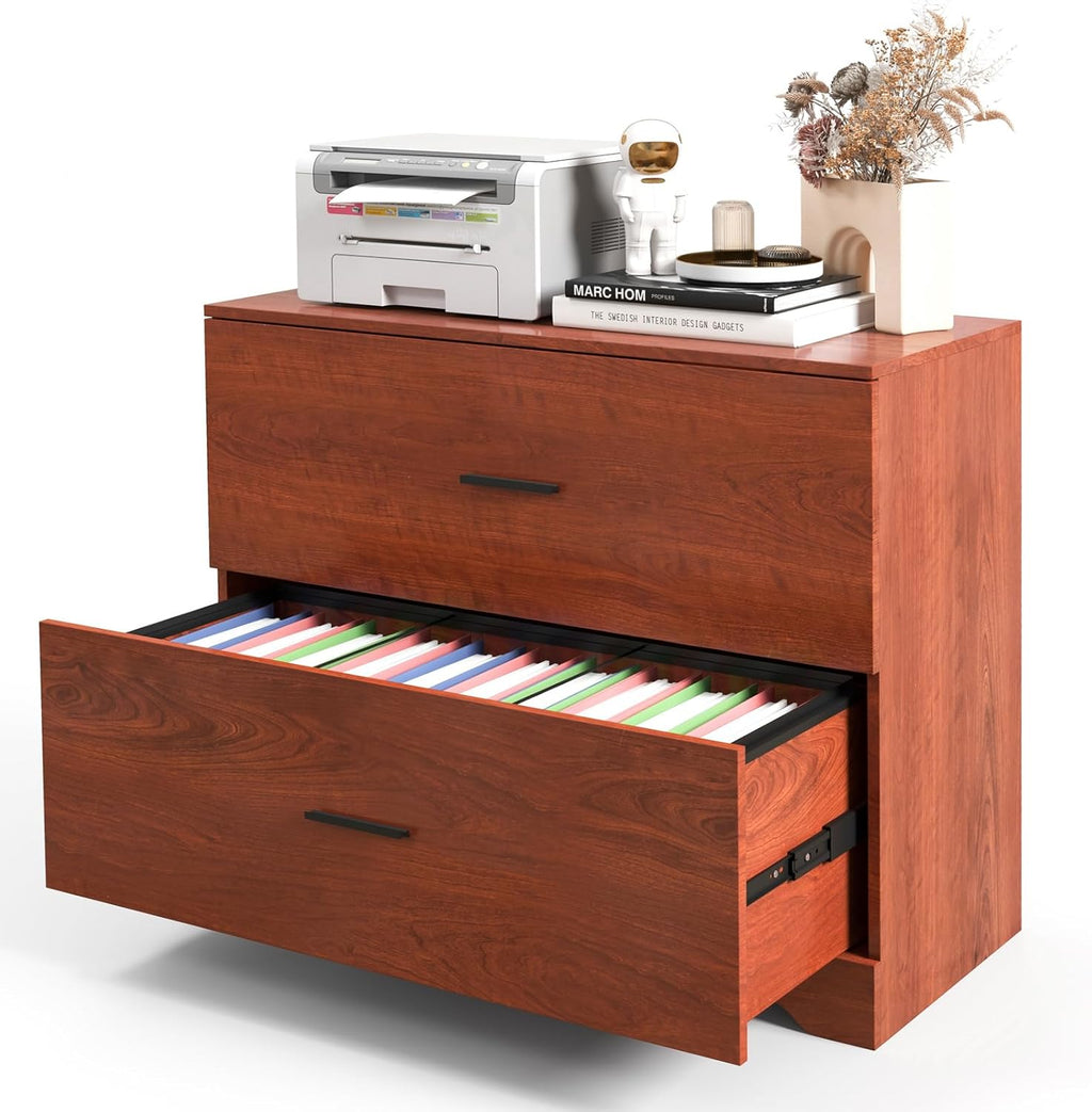 Giantex Office File Cabinet 2 Drawer - Lateral Filing Cabinet w/Anti-Toppling Device, Hanging Bars, Home Office Furniture for Hanging File Folders A4/Letter/Legal Size, File Storage Cabinet (Walnut)