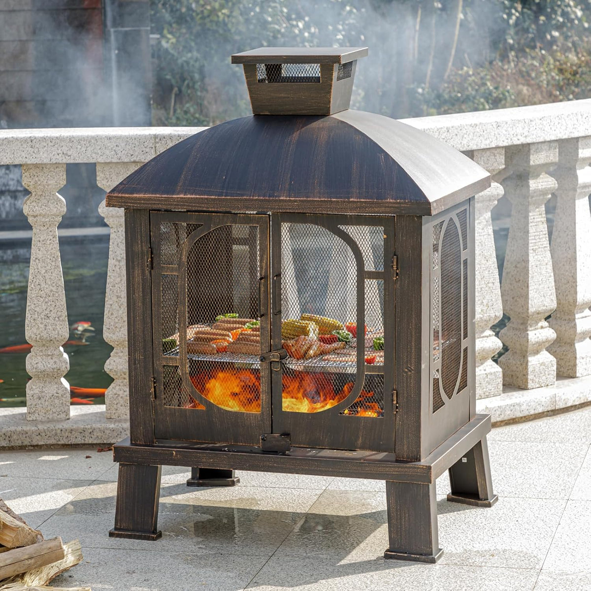 Panovue 45" H��31''W Metal Chiminea Fire Pit with Grill, Wood Burning Fire Pits for Outside,Square Chimineas Fireplace with Mesh Spark Screen Door& Fire Poker for Garden,Yard,BBQ,Bonfire (Black&Gold)