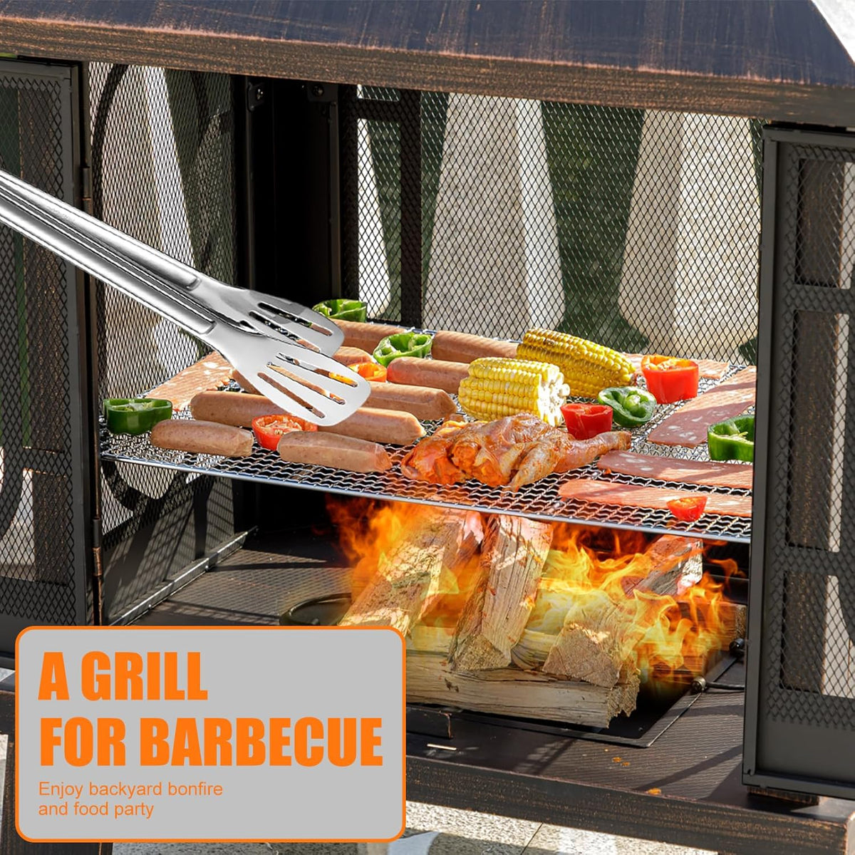 Panovue 45" H��31''W Metal Chiminea Fire Pit with Grill, Wood Burning Fire Pits for Outside,Square Chimineas Fireplace with Mesh Spark Screen Door& Fire Poker for Garden,Yard,BBQ,Bonfire (Black&Gold)