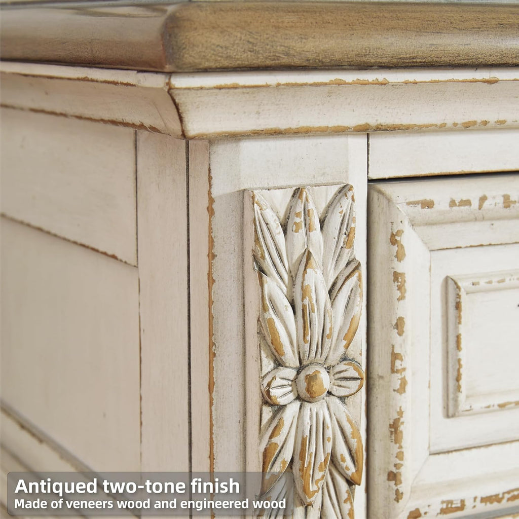Signature Design by Ashley Realyn French Country 3 Drawer Nightstand with Electrical Outlets & USB Ports, 27.75" Tall, Chipped White