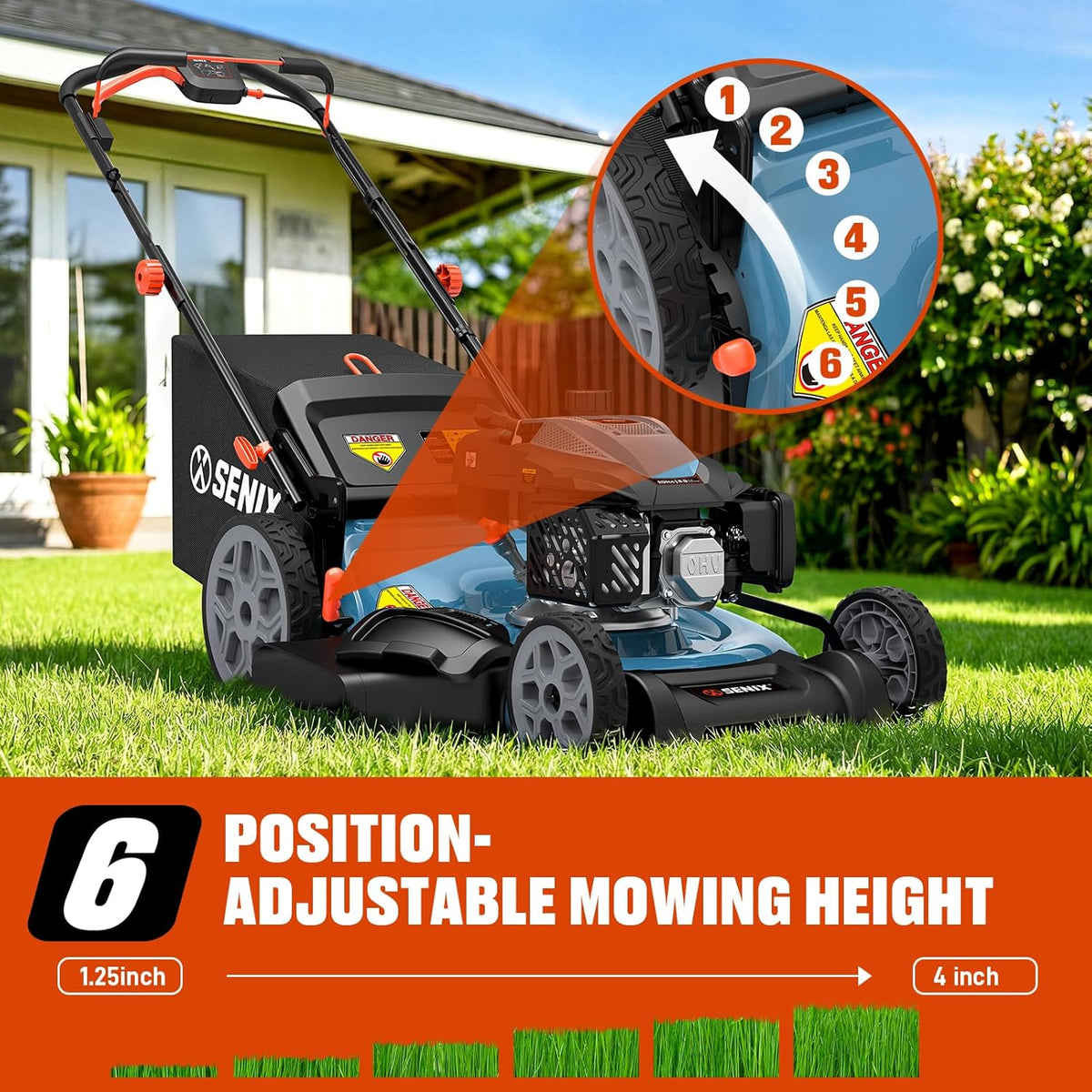 SENIX 201cc 22" 3-in-1 Gas Lawn Mower  Variable Speed Rear Wheel Self-Propelled Mower  Mulching  Bagging  Discharging  Foldable  6 Cutting Height Adjustable  for Garden Yard