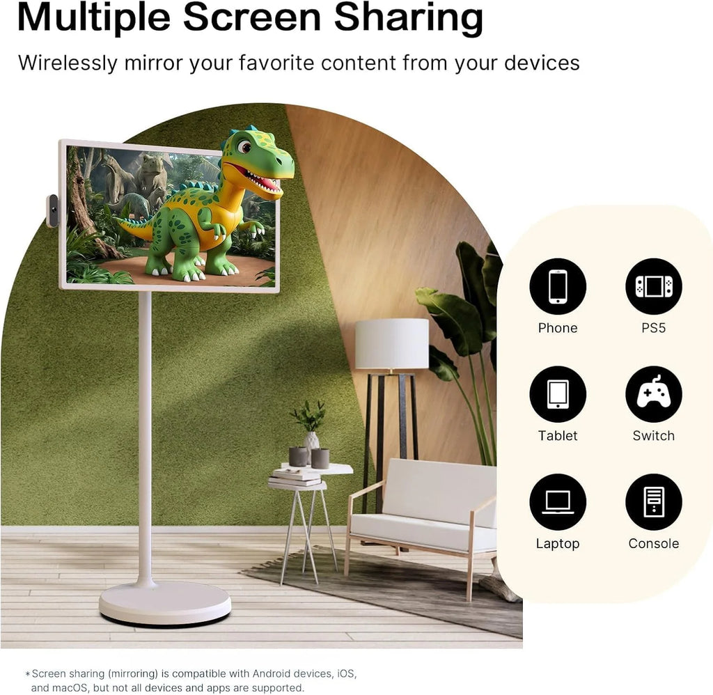 32-Inch Portable TV, 1080P FHD Rolling TV on Wheels with Rotatable Touch Screen, Android 13 OS, 8G RAM+128G Storage, Built-in Battery, Full Swivel Rotation, Voice Remote