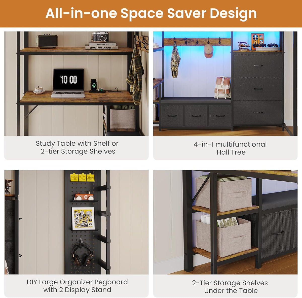DICTAC Loft Bed Twin Size with 6 Storage Drawers,Coat Rack and Open Shelves Metal Twin Loft Bed with Desk,Charging Station and LED Light,loft beds with Large Pegboard,Stairs and Safety Guardrail,Black