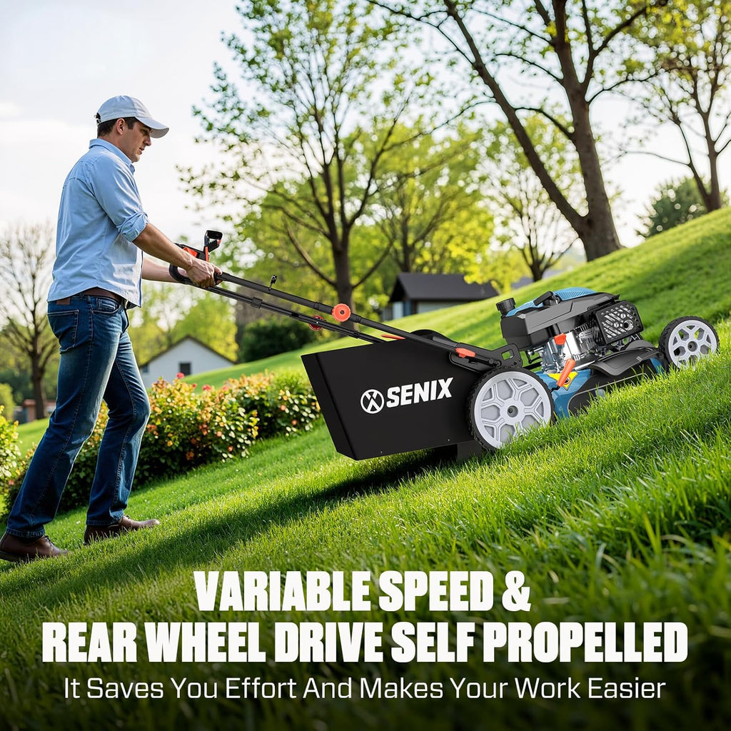 SENIX 201cc 22" 3-in-1 Gas Lawn Mower  Variable Speed Rear Wheel Self-Propelled Mower  Mulching  Bagging  Discharging  Foldable  6 Cutting Height Adjustable  for Garden Yard