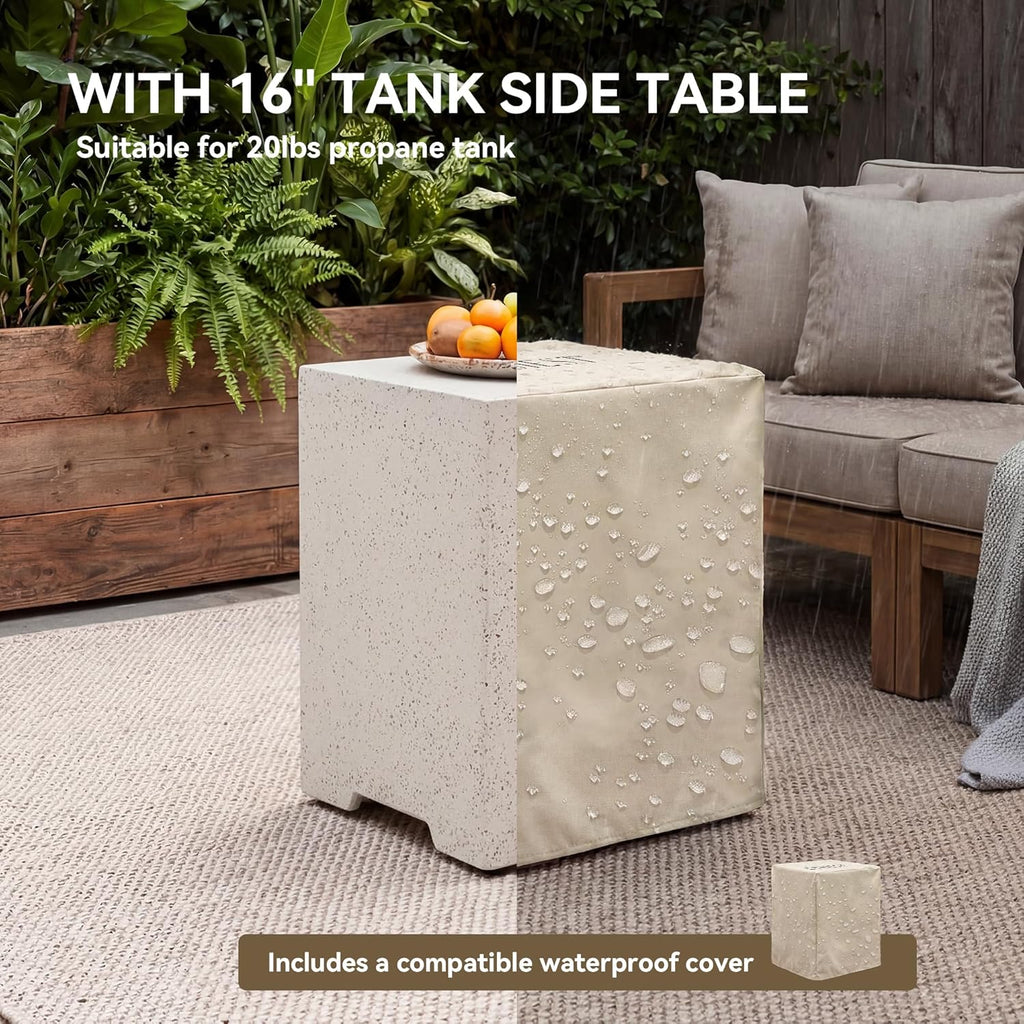 COSIEST 2-Piece Outdoor Propane Firepit Table Set w Tank Table, 42 inch Dark Fire Table Certified, 50,000 BTU w Beige Round Base,Wind Guard and 16 inches Tank Side Table 20lb for Garden,Pool