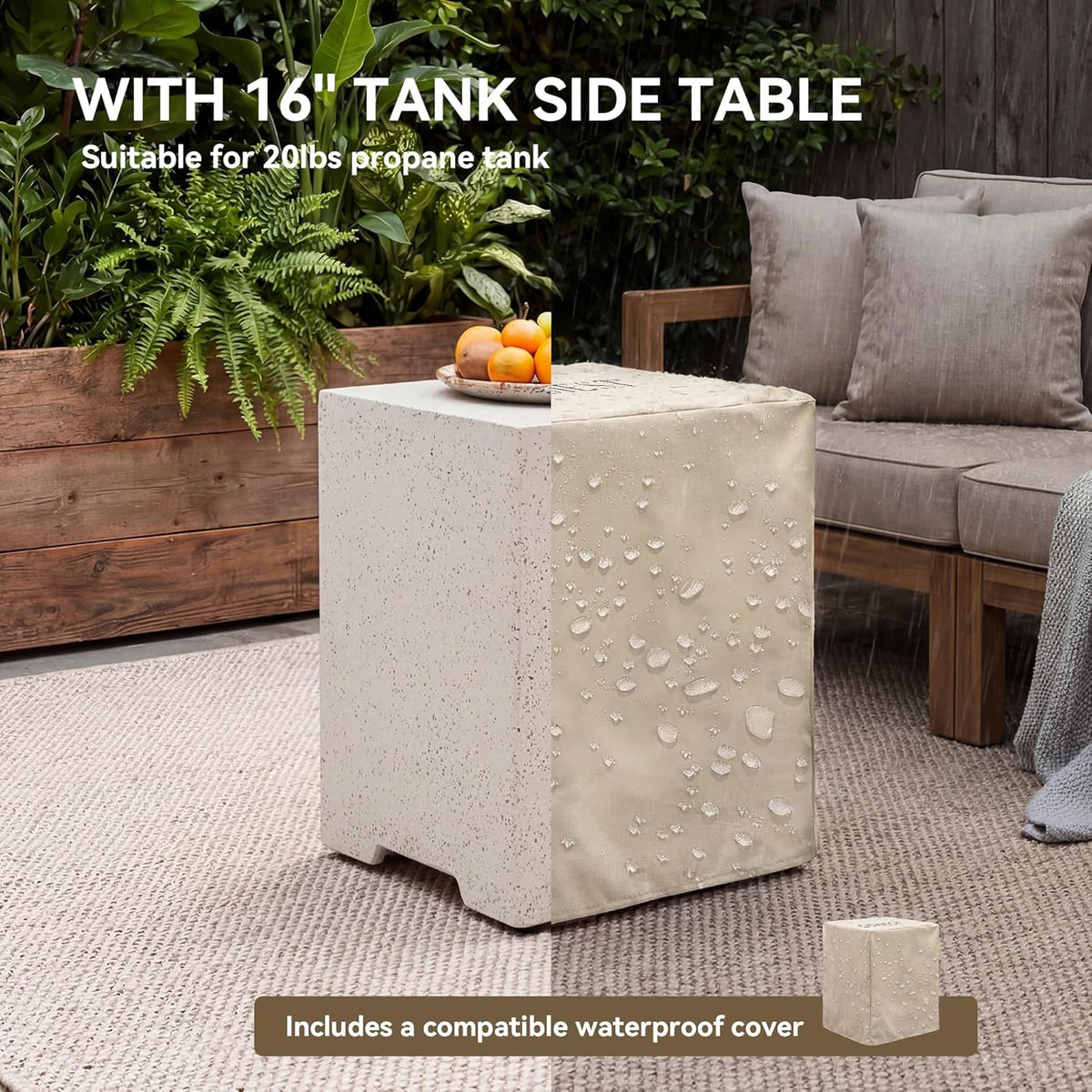 COSIEST 2-Piece Outdoor Propane Firepit Table Set w Tank Table, 42 inch Dark Fire Table Certified, 50,000 BTU w Beige Round Base,Wind Guard and 16 inches Tank Side Table 20lb for Garden,Pool