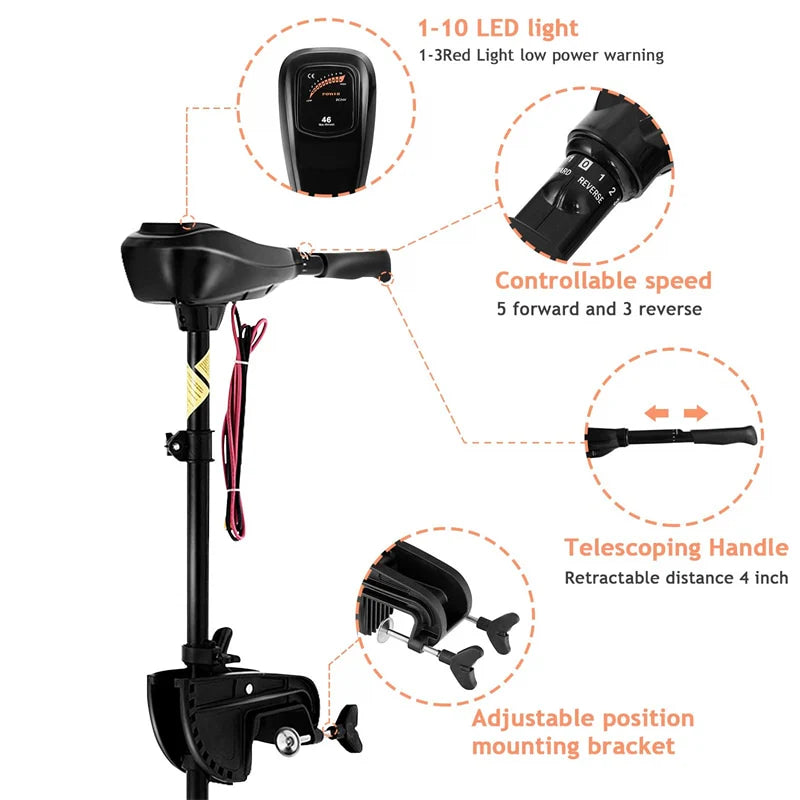 Electric Trolling Motor 8 Speed Boat Fishing Motor with Telescoping Handle, Transom Mount 36" Shaft for Freshwater Saltwater Use
