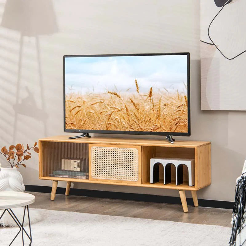 Mid Century Modern TV Stand for TVs up to 55", Bamboo Entertainment Center Media Console with Rattan & Glass Sliding Doors, Adjustable Shelf