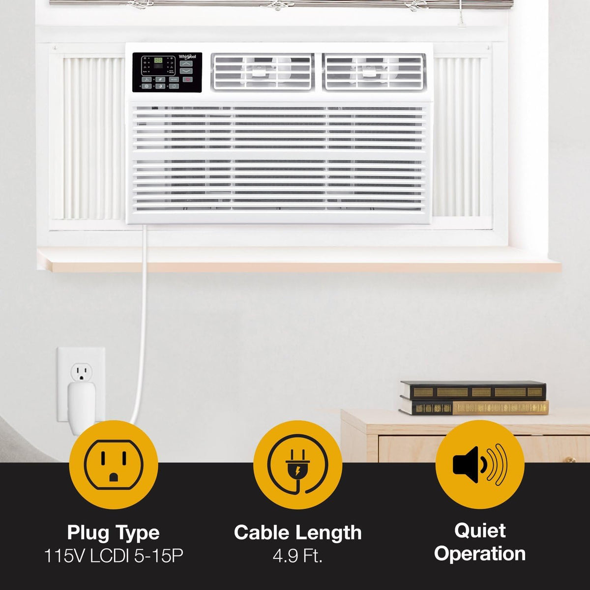 Whirlpool 8,000 BTU Window Air Conditioner with Supplemental Heat, Window Mounted AC Unit with Heater for Apartment, Living Room, Bedroom, Rooms up to 350 Square Feet