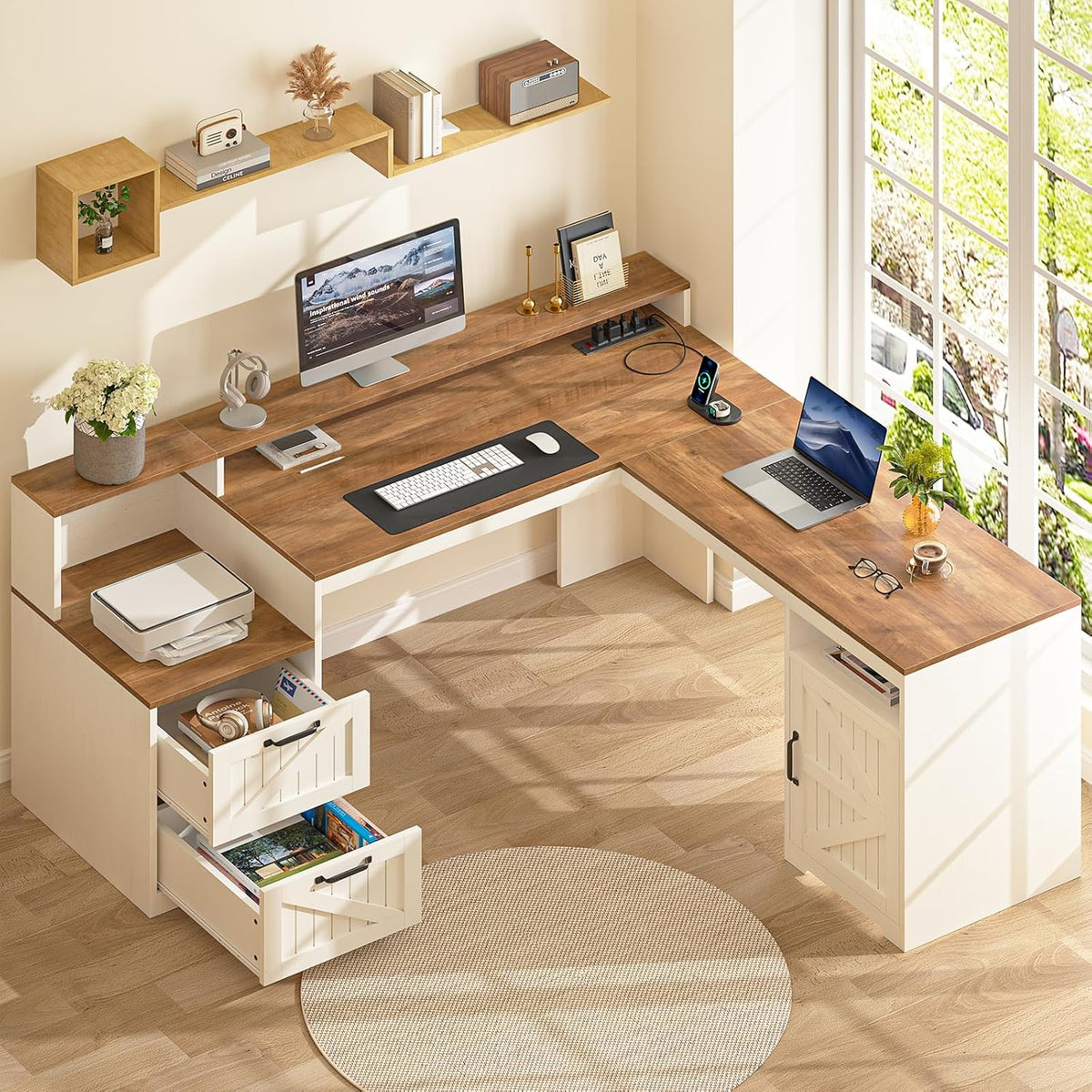 63" Farmhouse L Shaped Executive Desk with Drawers & Storage Shelf, Corner Computer Desk with Power Outlets, L Shaped Office Desk with Monitor Stand, Printer Shelf, Antique White