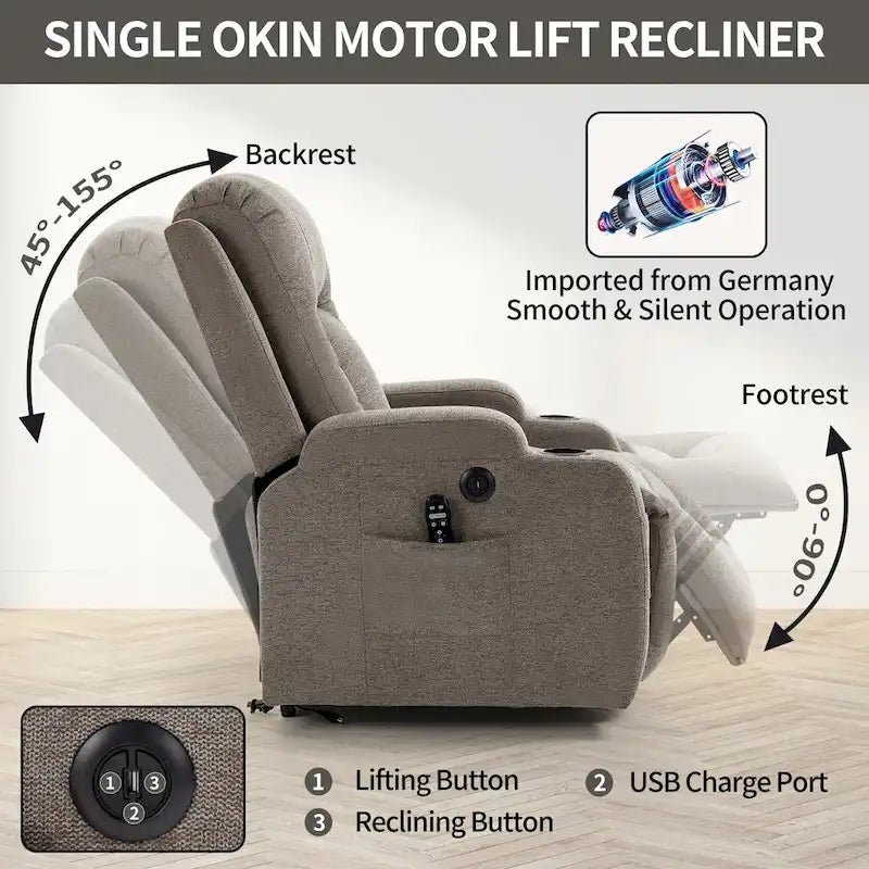 Lazy Boy Power Lift Recliner Chair, Modern Single Motor Massage Sofa Chair with Lumbar Heating, USB Charging Port, Cup Holders
