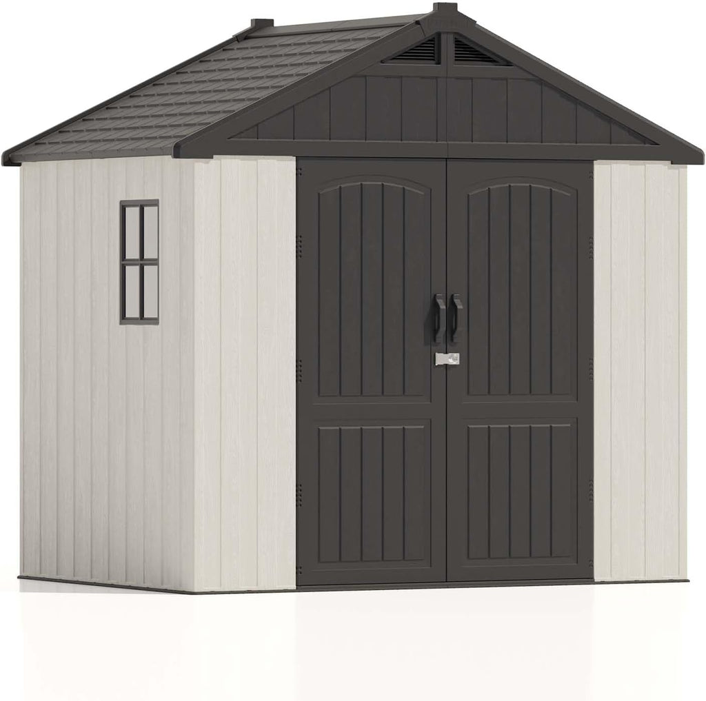 Patiowell 8 x 6 FT Plastic Outdoor Storage Shed with Floor  Resin Shed with Window and Lockable Door for Garden  Backyard  Tool Storage Use  Easy to Install in Beige (Kick-it Shed)