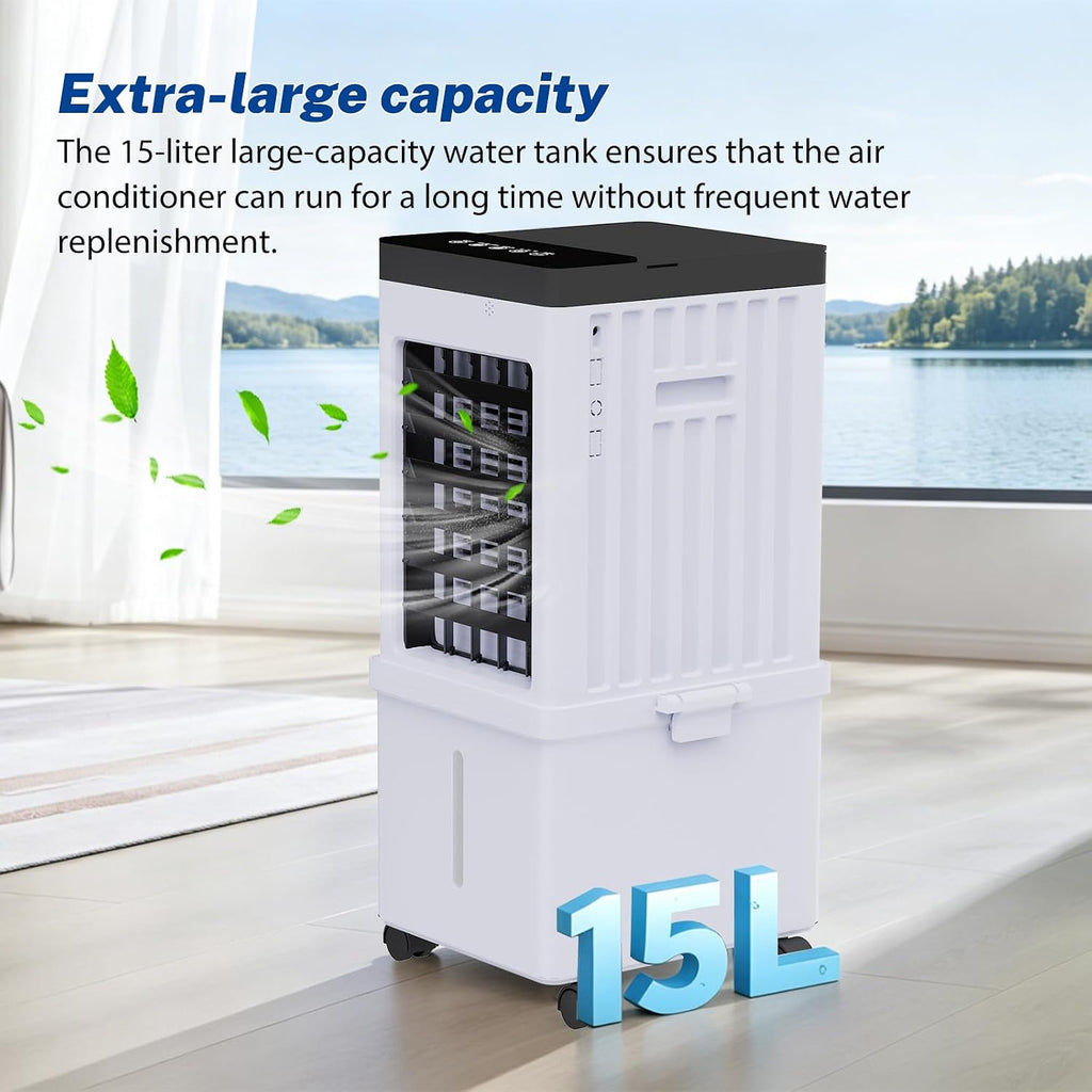 3-IN-1 Portable Evaporative Air Cooler, Remote Control Air Conditioner Fan with 15L Tank, 3 Speeds, 7.5H Timer, 120° Oscillation, Low Energy Cooling Fan for Home Bedroom Office