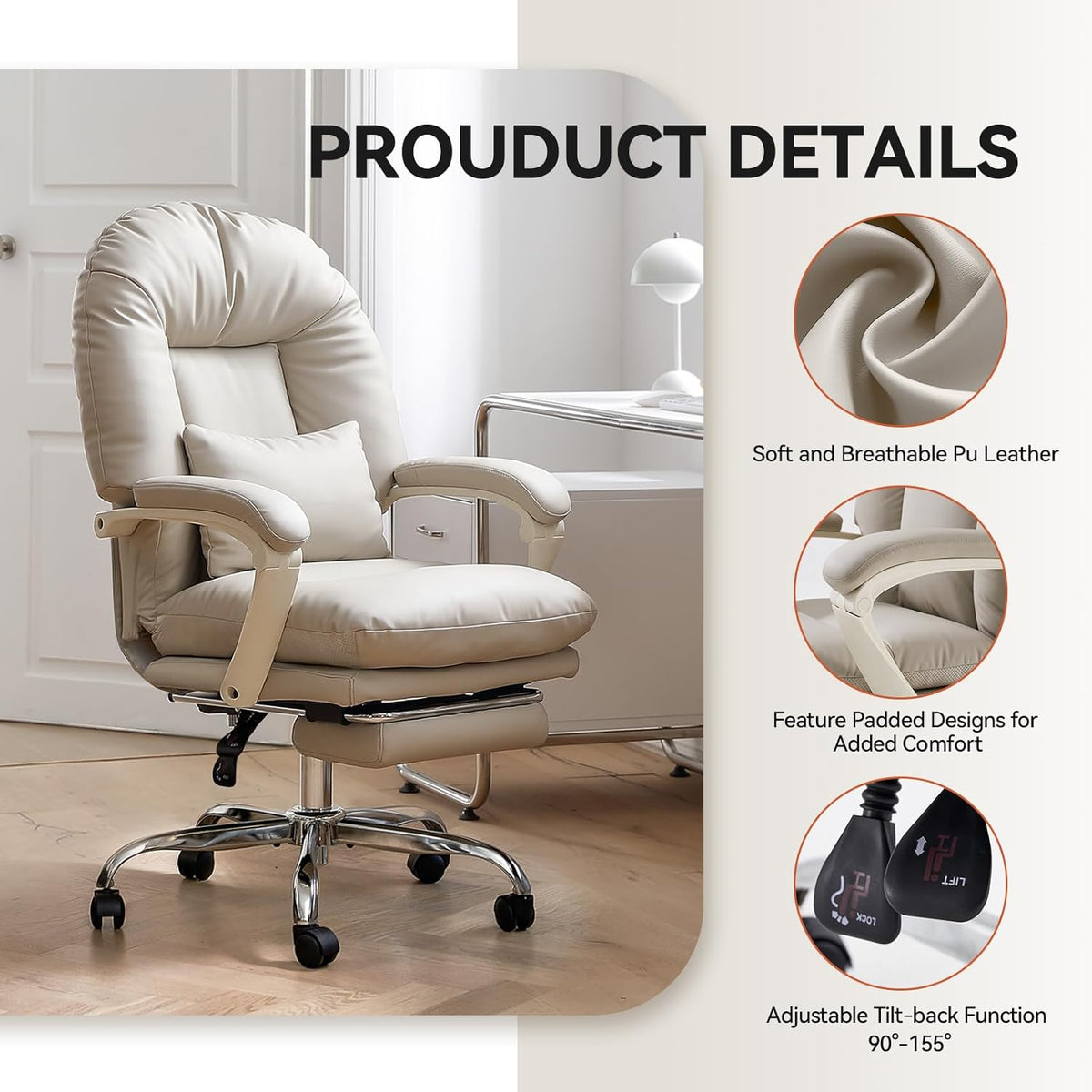 EMIAH Ergonomic Office Chair with Foot Rest Criss Cross Chair with Wheels Reclining Executive Office Chair Mid Back PU Leather Swivel Computer Chairs Lumbar Support for Home Office (Beige)