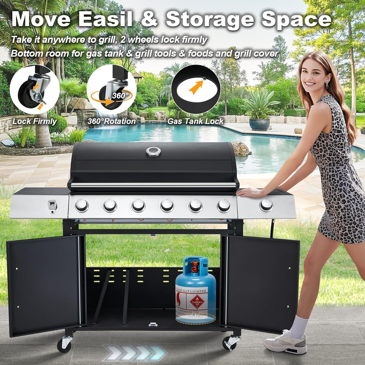 MELLCOM Upgraded 60 000 BTU Stainless Steel Burner Barbecue Grill  6 Burner BBQ Propane Gas Grill with Side Stove & Cast Iron Grates for Patio  Camping  Outdoor Cooking