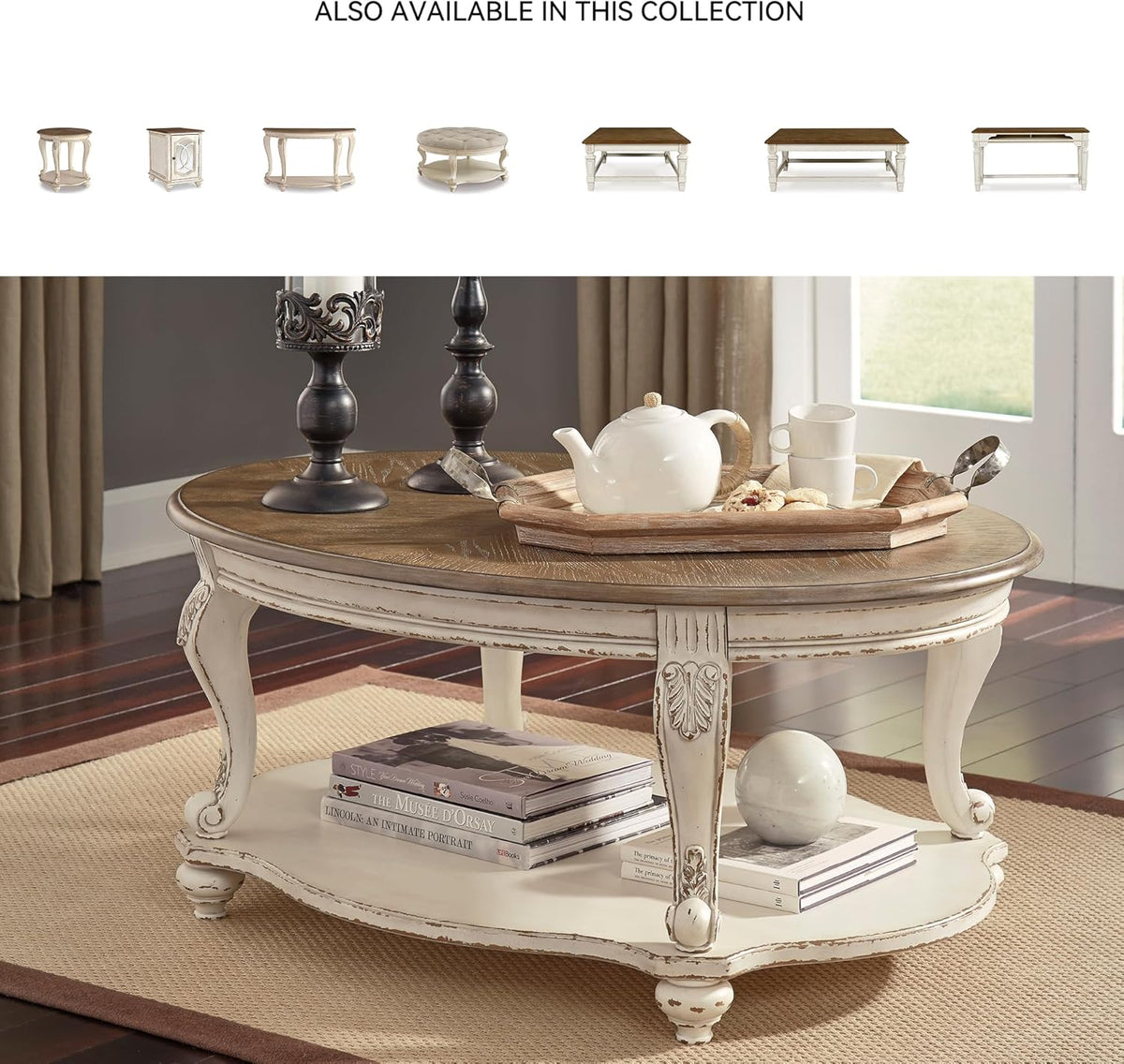 Signature Design by Ashley Realyn Farmhouse Chair Side End Table with Cabinet For Storage, Antique White & Brown