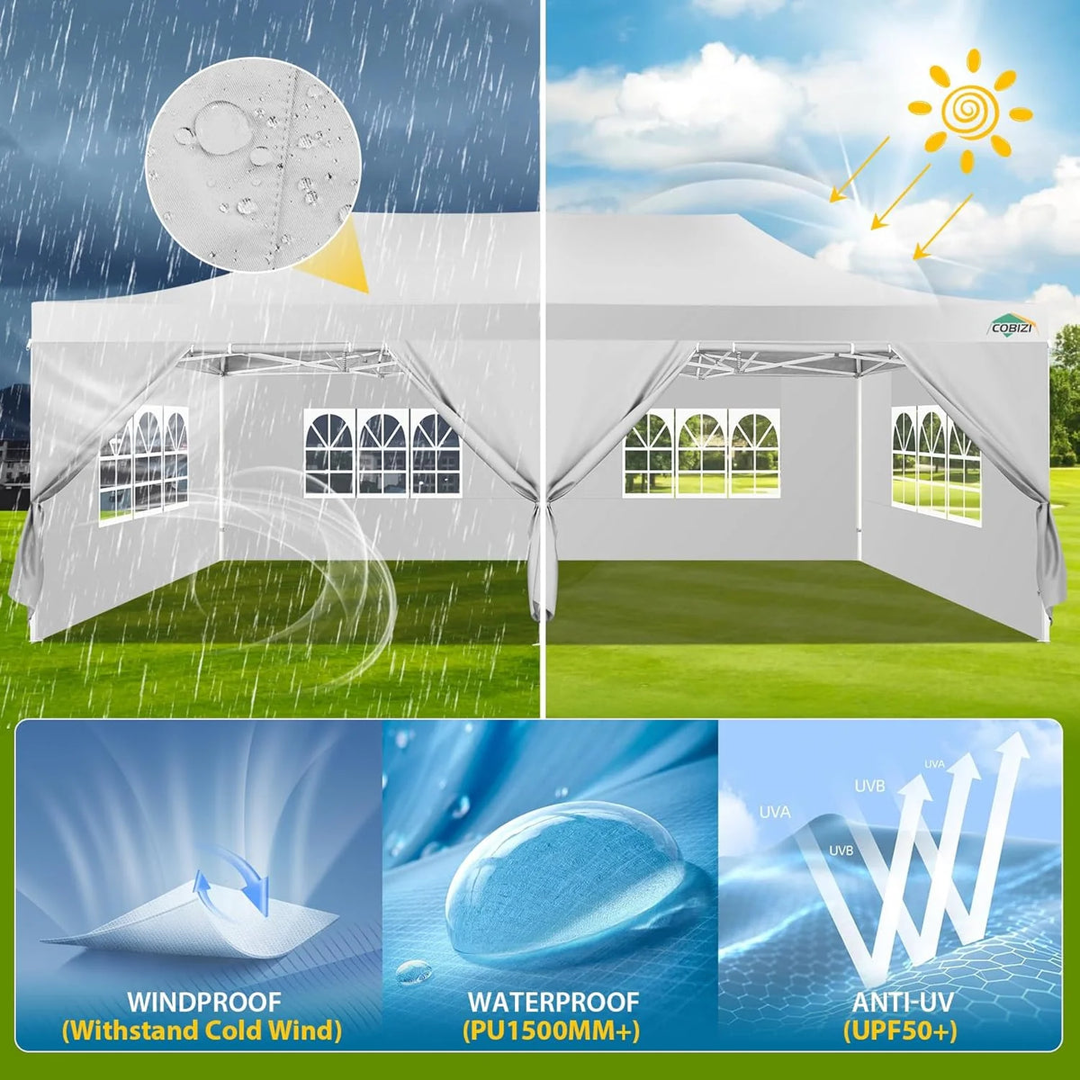 COBIZI 10x20 Heavy Duty Pop up Canopy Tent with 6 sidewalls Easy Up Commercial Outdoor Canopy Wedding Party Tents for Parties All Season Wind & Waterproof Gazebo with Roller Bag,Black(Frame Thickened)