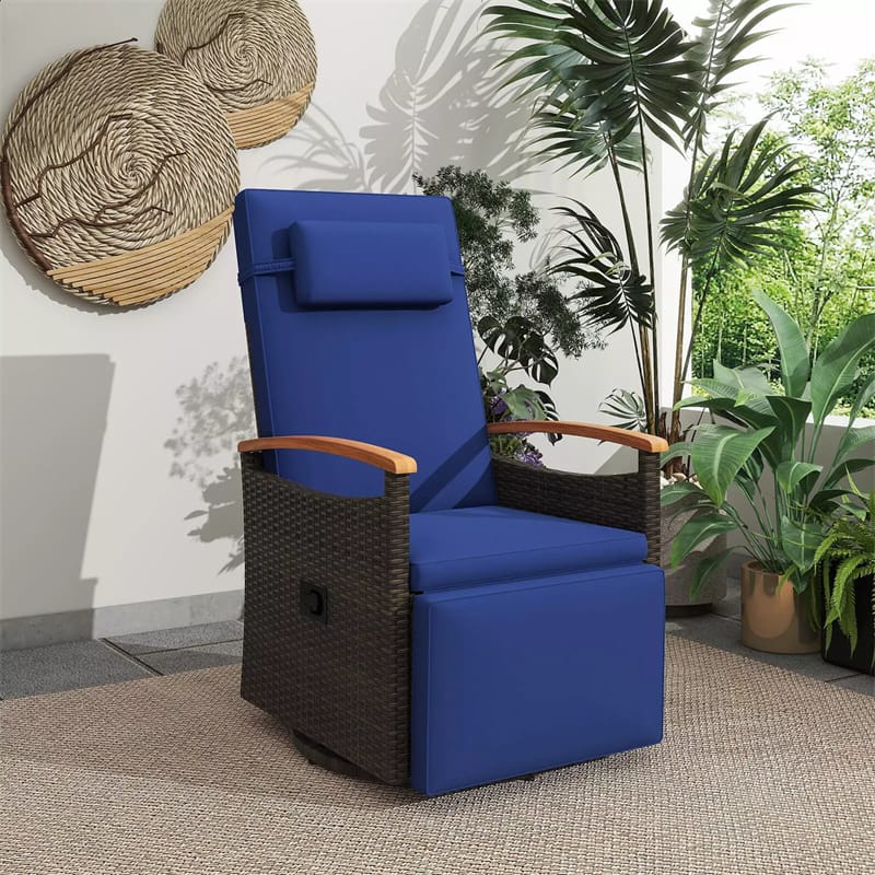 Outdoor 360° Swivel Rattan Recliner Chair with Adjustable Backrest & Footrest, Patio Wicker Chaise Lounge Chair with Flip Side Table & Cushion