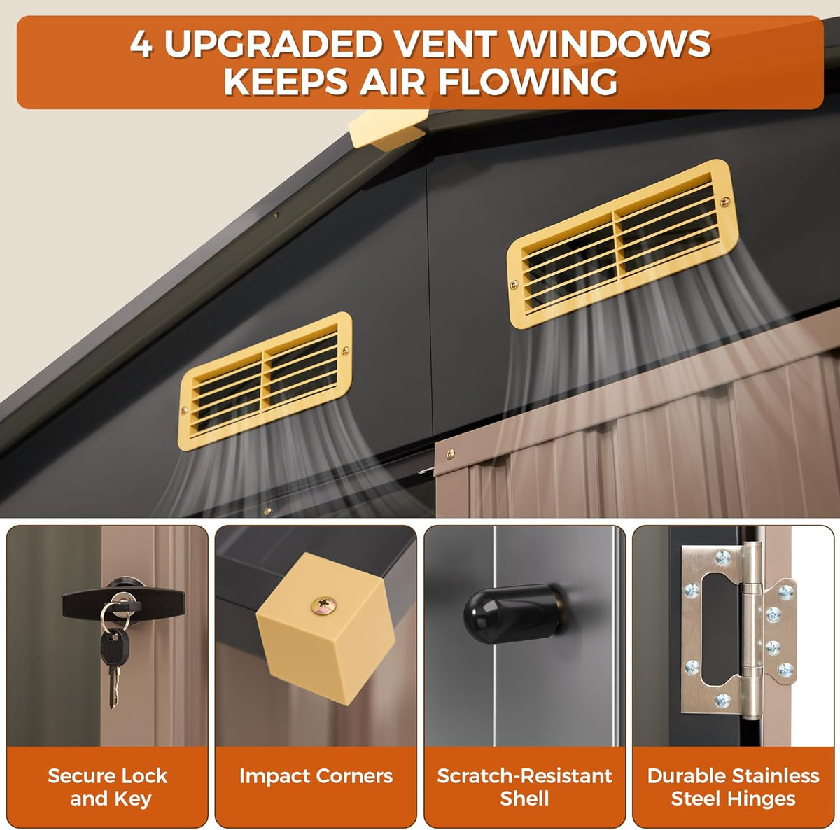 IRONCK 10x12FT Outdoor Storage Shed  Metal Garden Tool Shed with Breathable Vent and Lockable Doors  Outside Storage for Backyard  Poolside  Patio  Brown