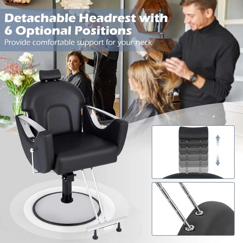 Reclining Barber Chair, 360�� Swivel Salon Chair with Heavy Duty Hydraulic Pump, Adjustable Height & Headrest for Hair Styling, Makeup, Tattoo