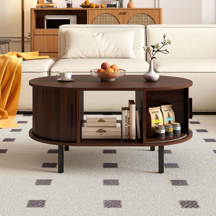 Oval Coffee Table with Open Compartment and Sector Shelves