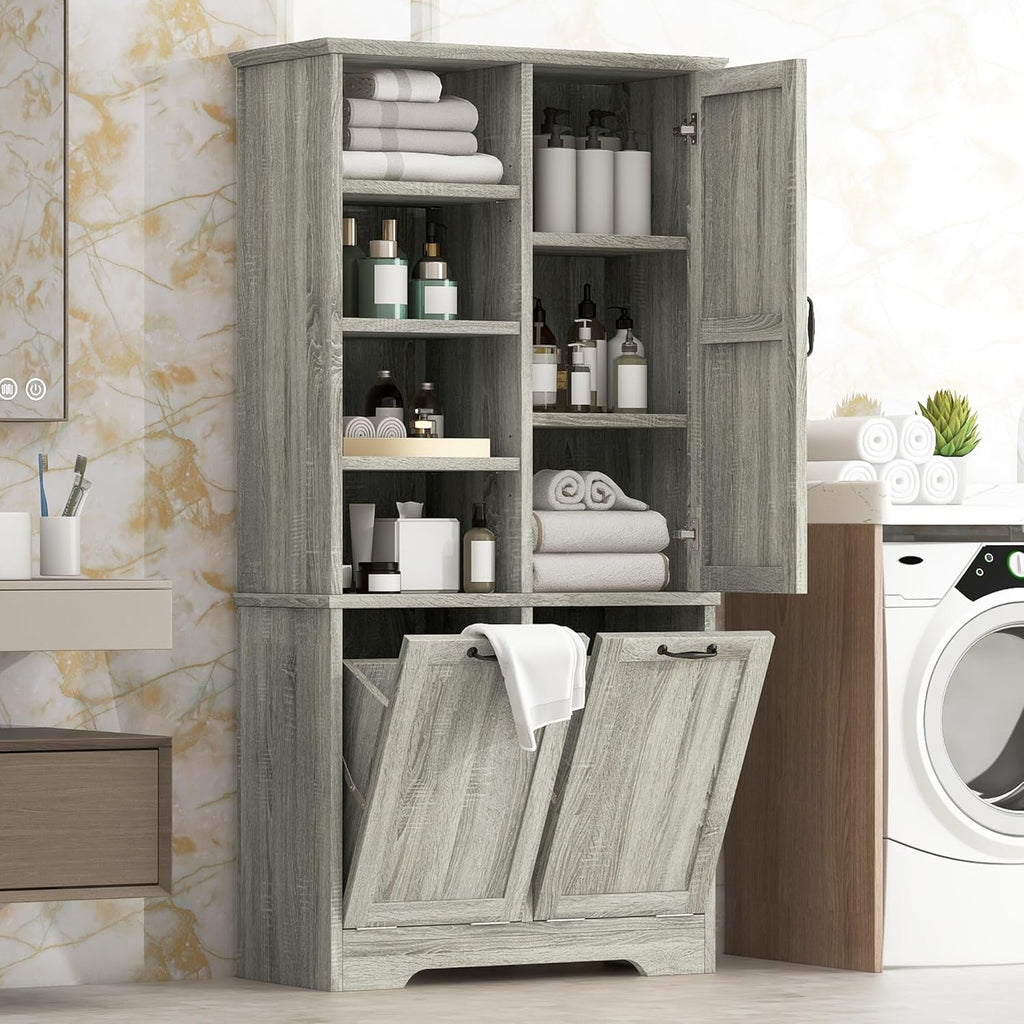 SOFTSEA 68" Double Tilt Out Laundry Hamper Cabinet, Tall Hidden Laundry Basket Cabinet with 3 Doors & Adjustable Shelf, Freestanding Bathroom Storage Cabinet for Laundry Room Kitchen, Wash Oak