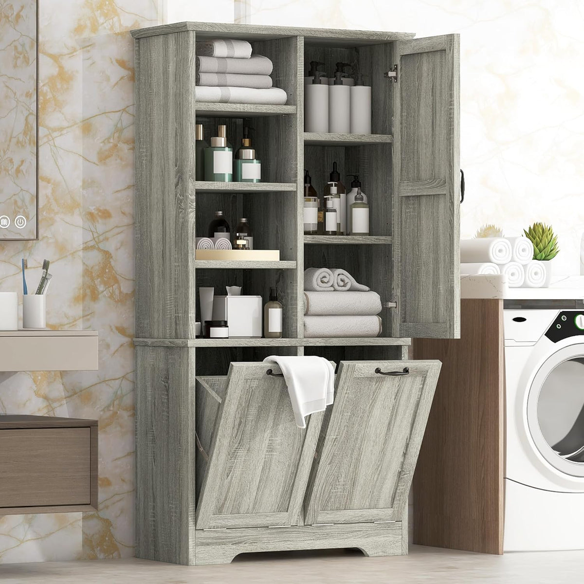 SOFTSEA 68" Double Tilt Out Laundry Hamper Cabinet, Tall Hidden Laundry Basket Cabinet with 3 Doors & Adjustable Shelf, Freestanding Bathroom Storage Cabinet for Laundry Room Kitchen, Wash Oak