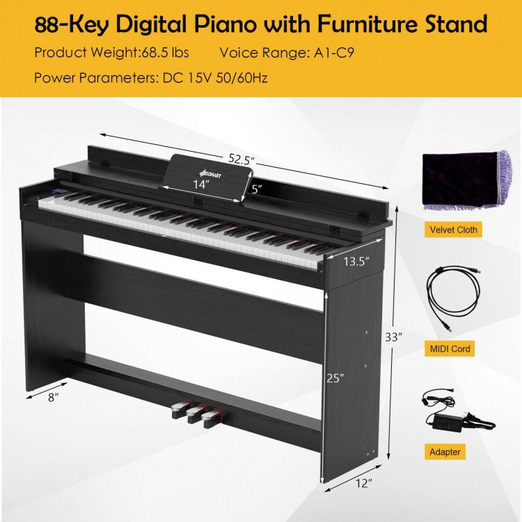 88 Key Full Size Electric Piano Keyboard with Stand 3 Pedals MIDI Function