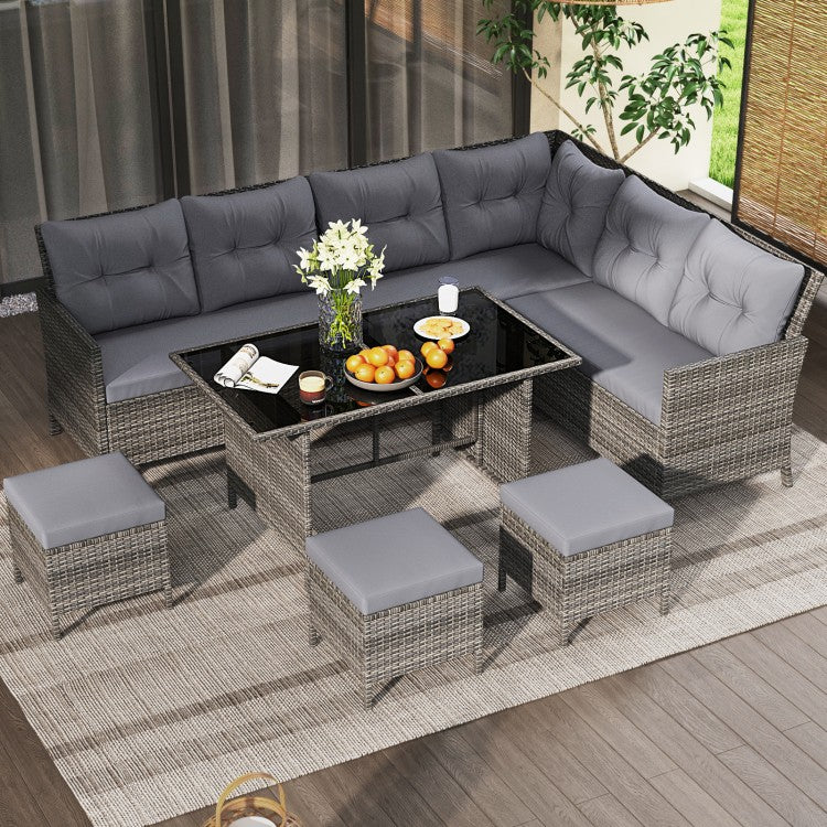 7 Pieces Patio Dining Furniture Set with Soft Cushions and Ottomans