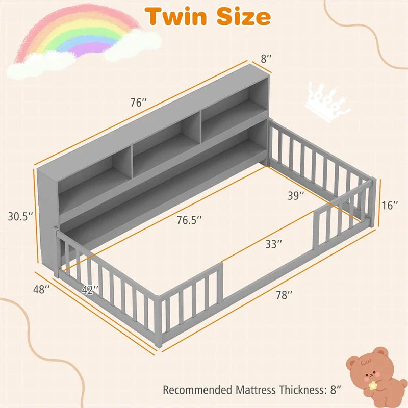 Twin Montessori Floor Bed, Wood Floor Bed Frame with Bookcase, Storage Shelves & Safety Fence Rails for Kids, No Box Spring Needed