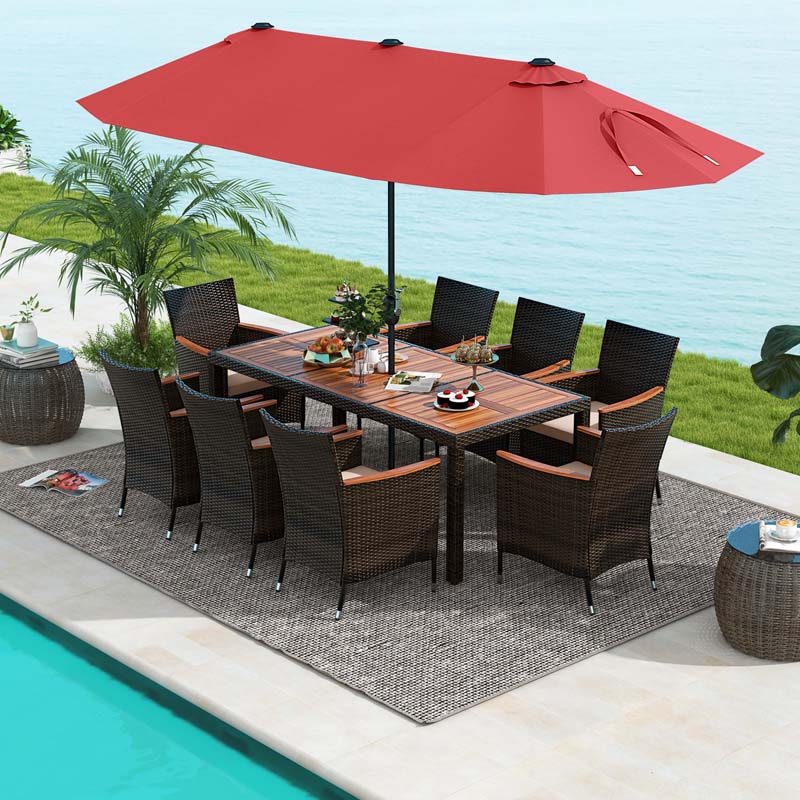 10Pcs Patio Rattan Dining Set with 15FT Double-Sided Umbrella, Heavy Duty Acacia Wood Table & Stackable Wicker Chairs