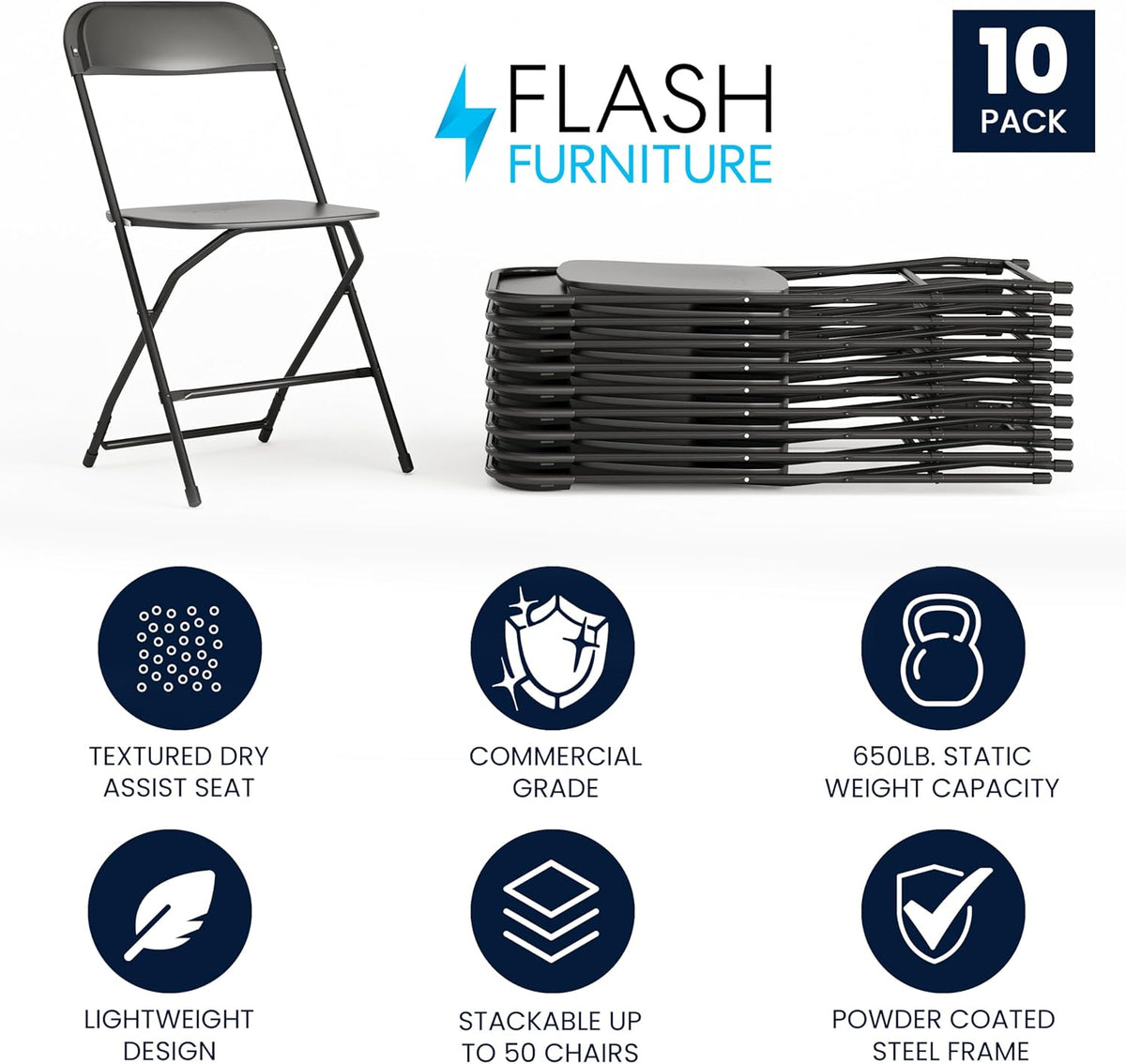Flash Furniture Hercules Set of 10 Indoor/Outdoor Heavy-Duty Plastic Folding Chairs, Foldable Commercial Stacking Chairs with 650-lb. Static Weight Capacity, Black