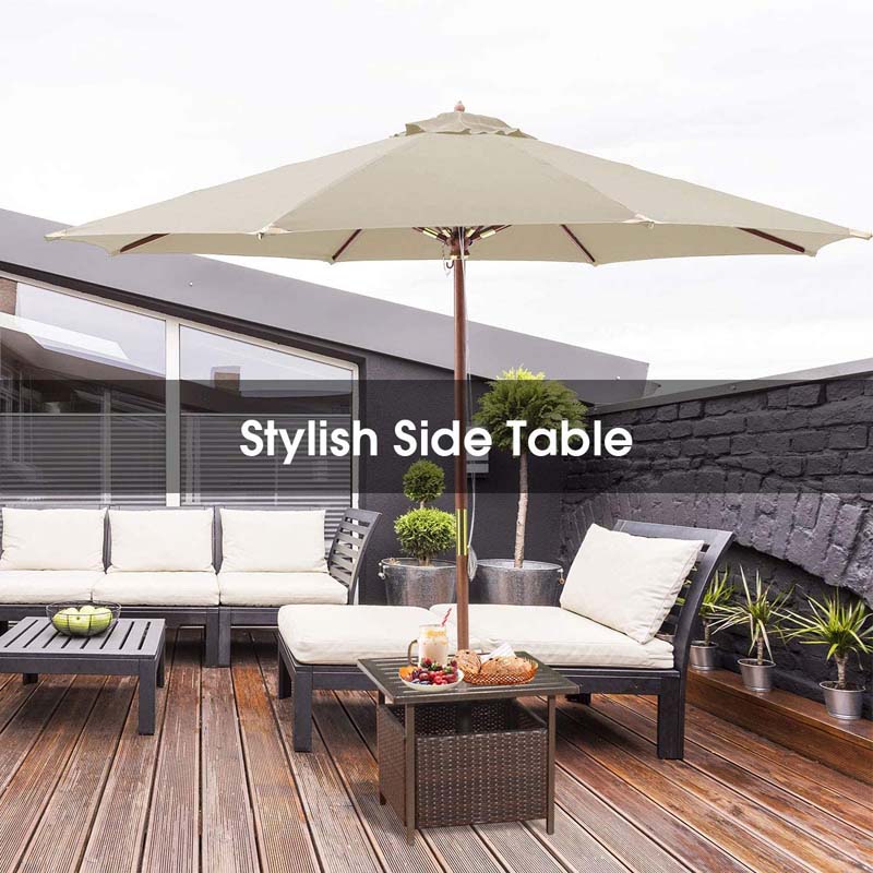 22" Rattan Wicker Steel Outdoor Patio Bistro Side Table Stand with 1.6" Umbrella Hole, Side Square Table for Deck Pool Garden