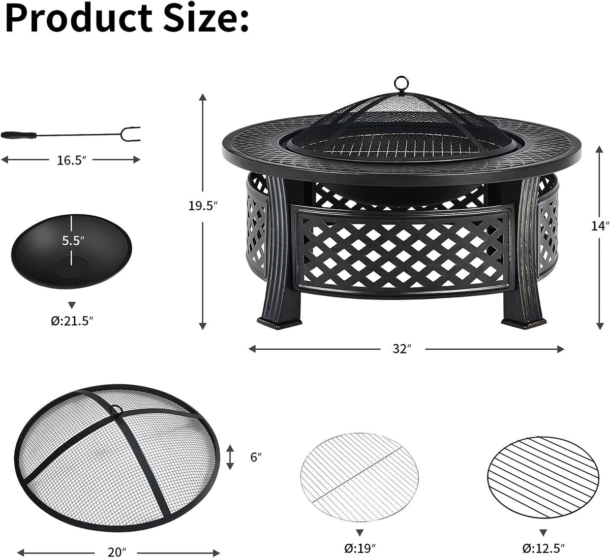 Giantex 3 in 1 Fire Pit, 32" Outdoor Wood Burning Fire Pit, Multifunctional Round Firepit Stove, Metal Fire Bowl with Cover, Portable Fire Pits for Outside Heating, Bonfire, Picnic, Grill
